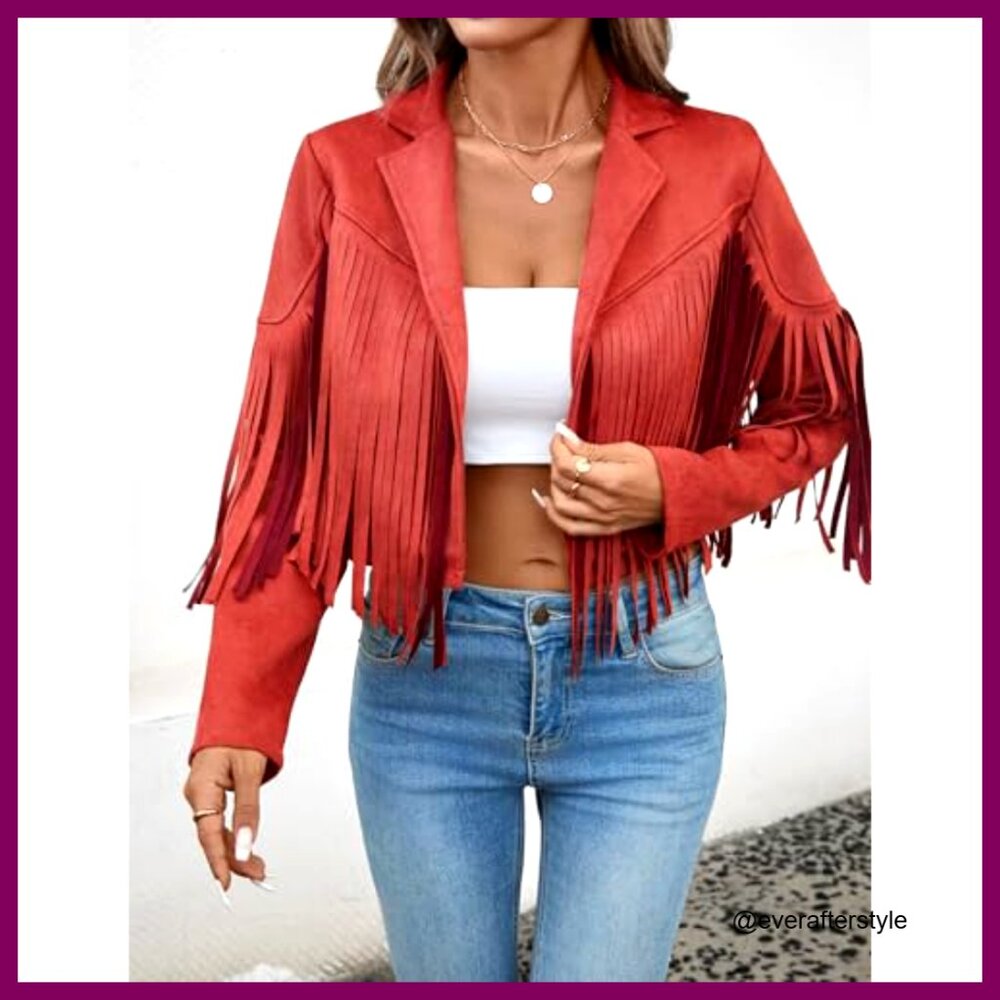 Faux Suede Cropped Jacket Fringe Tassel Western Style Boho Chic Fall Fashion - Picture 3 of 7